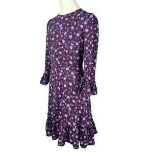 Eliza J Aubergine Jewel Neck Floral Print Ruffle Hem Long Sleeve Mini Dress Sz 0
